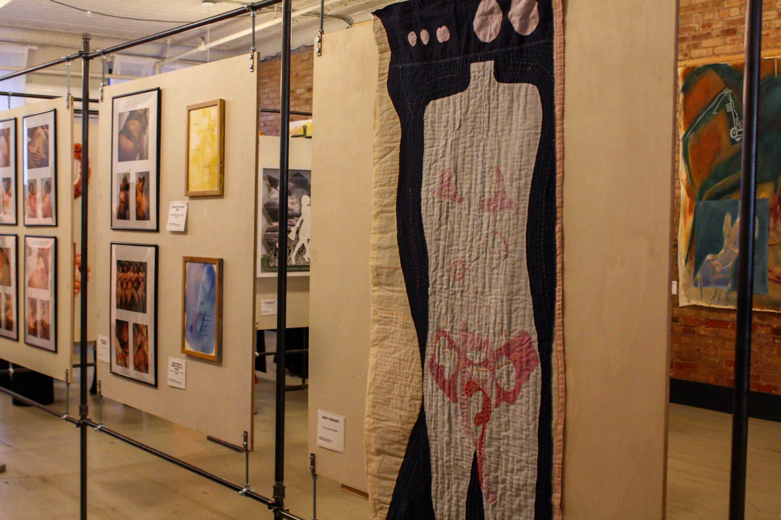 A tall hand-stitched quilt in black, cream and pink, titled Body Forensic, hangs from a steel-framed panel beside framed photographs and paintings.