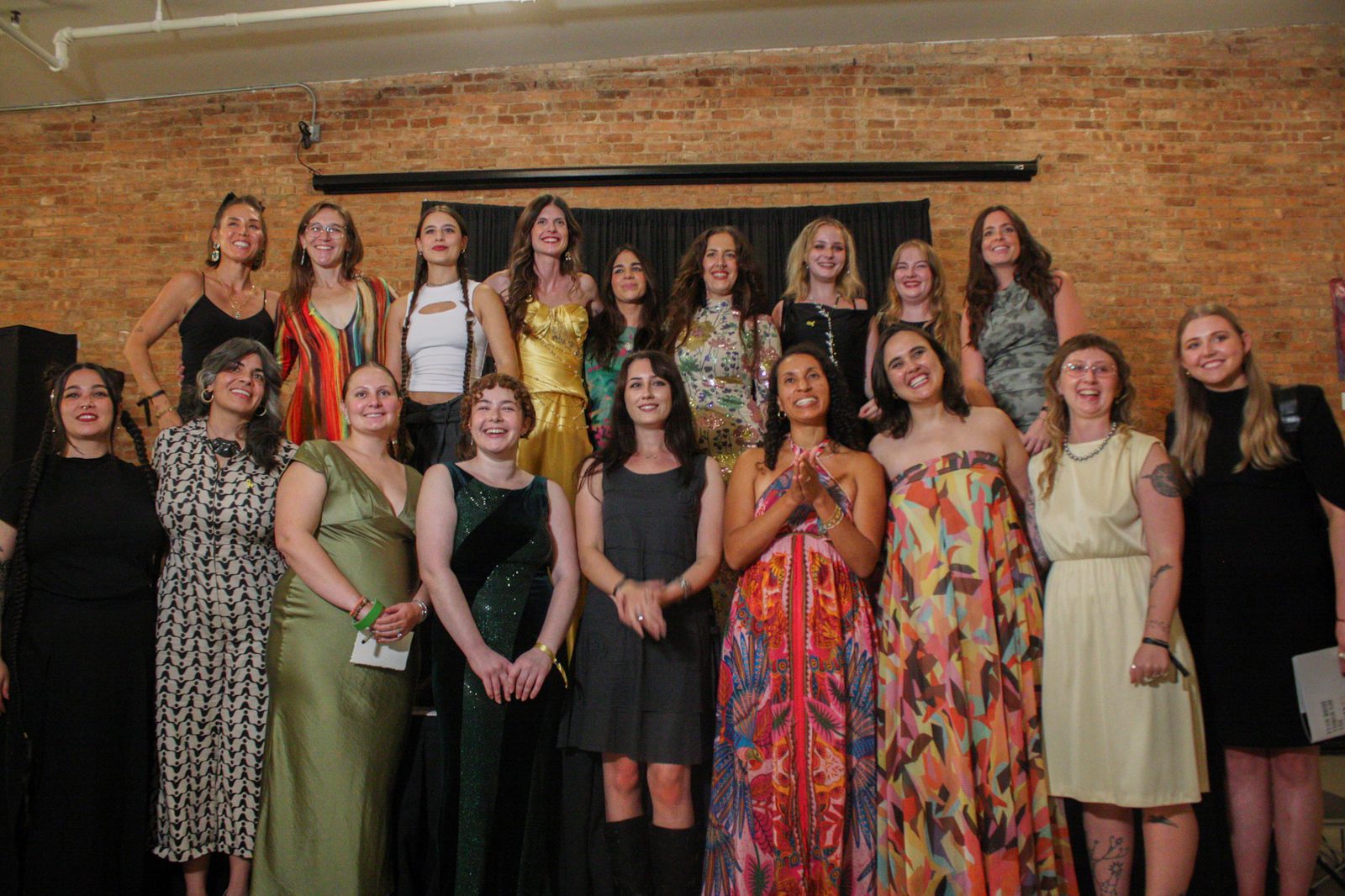 The exhibiting artists of FLARE: Illuminating Endometriosis gathered together on stage in front of a brick wall, smiling, in two rows.