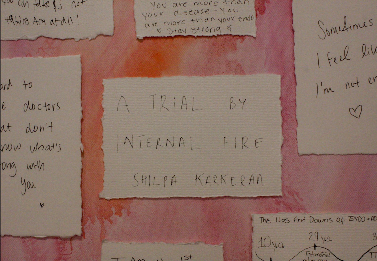 Detail of the Struggle canvas: a handwritten note reading &ldquo;A trial by internal fire&rdquo;, among other notes on washes of pink and orange