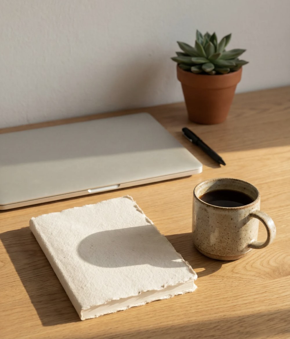 A desk with a notebook, coffee, and laptop — Inside FLARE, the podcast