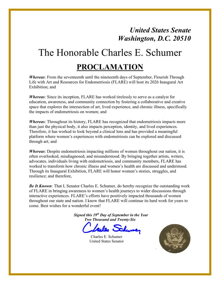 Proclamation from the Honorable Charles E. Schumer, United States Senate, recognizing FLARE and its 2026 Inaugural Art Exhibition. Signed by Charles E. Schumer, United States Senator.